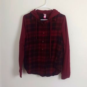 Hooded Plaid Button Up Top